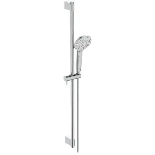 Brausekombination von Ideal Standard mit einer Handbrause, montiert auf einer vertikalen Stange. Die Oberfläche ist in Chrom gehalten.